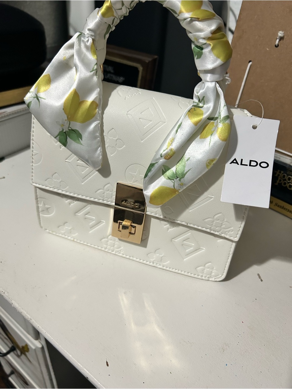 ALDO White Embossed Top-Handle Satchel with Lemon-Print Scarf